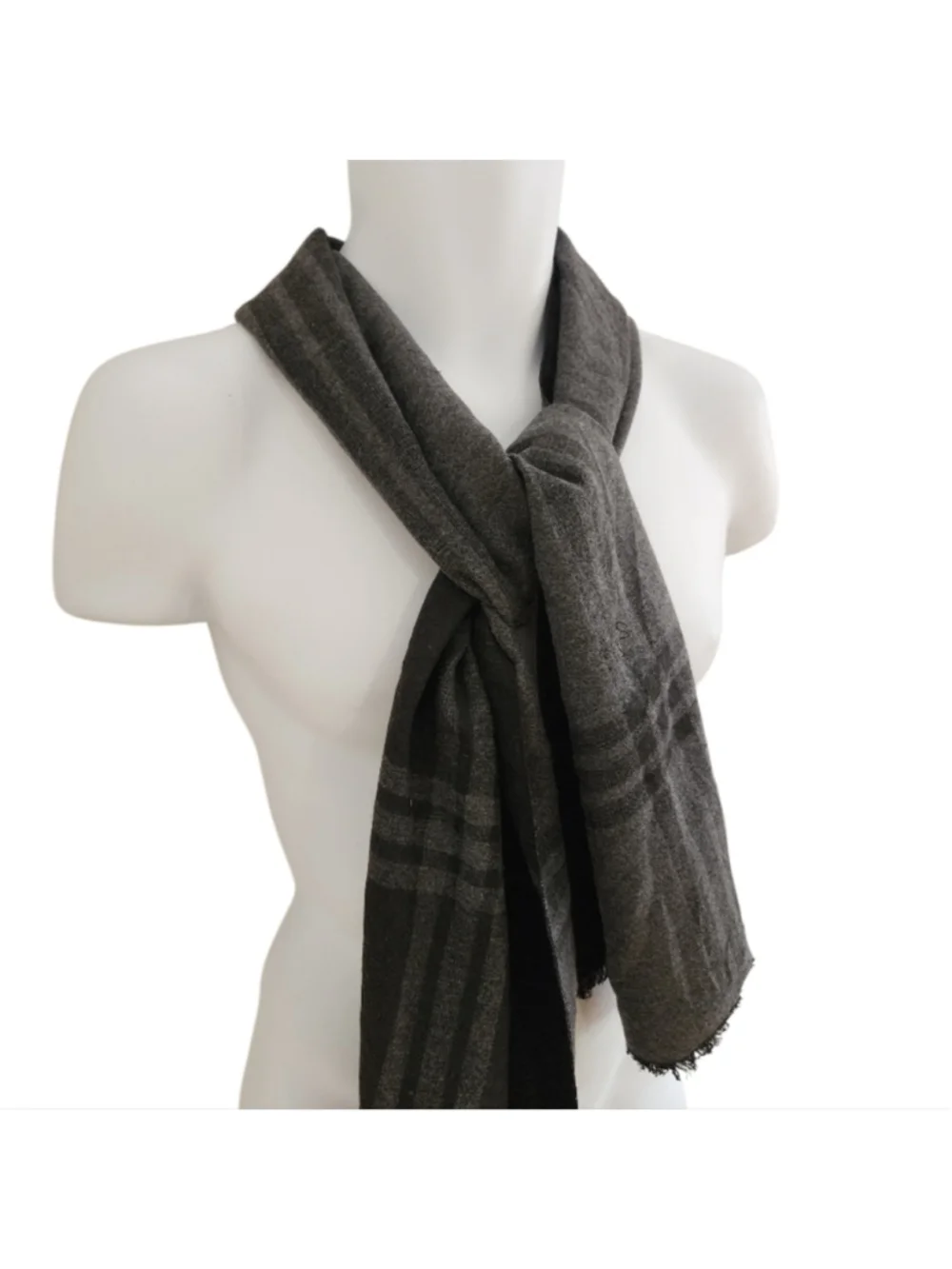 Cashmere Gray & Black Plaid Fringed Scarf Men's
